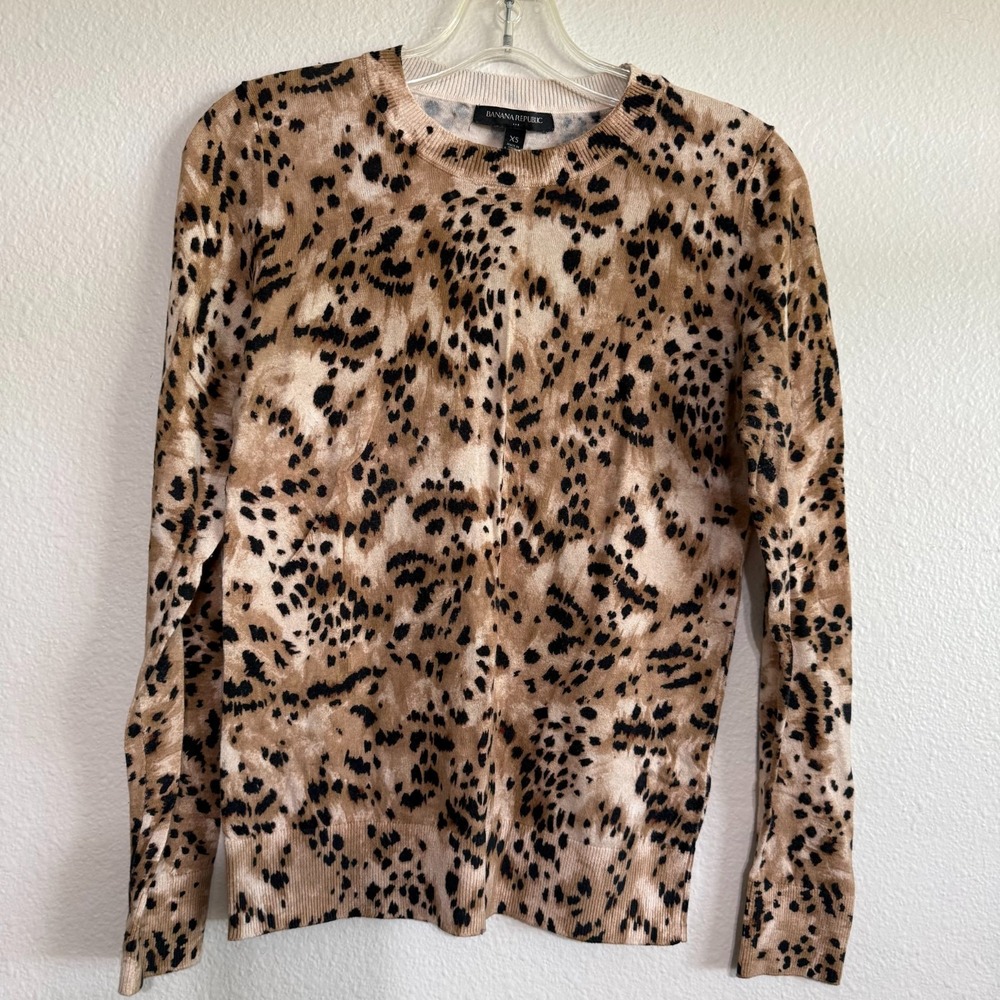 Banana Republic Sweater Women's XS Brown Knit Leopard Print Crew Neck Classic - Picture 2 of 7